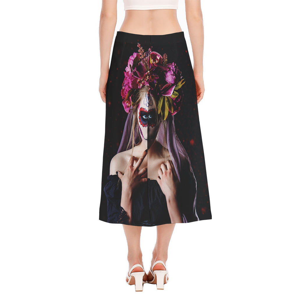 Calavera Girl Day of The Dead Print Side Slit Midi Skirt