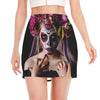 Calavera Girl Day of The Dead Print Side Slit Mini Skirt