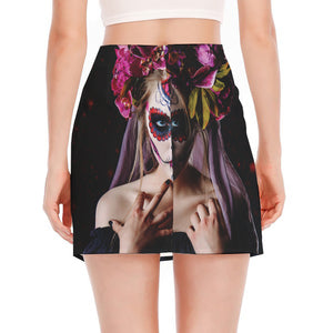 Calavera Girl Day of The Dead Print Side Slit Mini Skirt