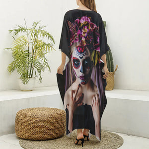 Calavera Girl Day of The Dead Print Silk V-Neck Kaftan Dress