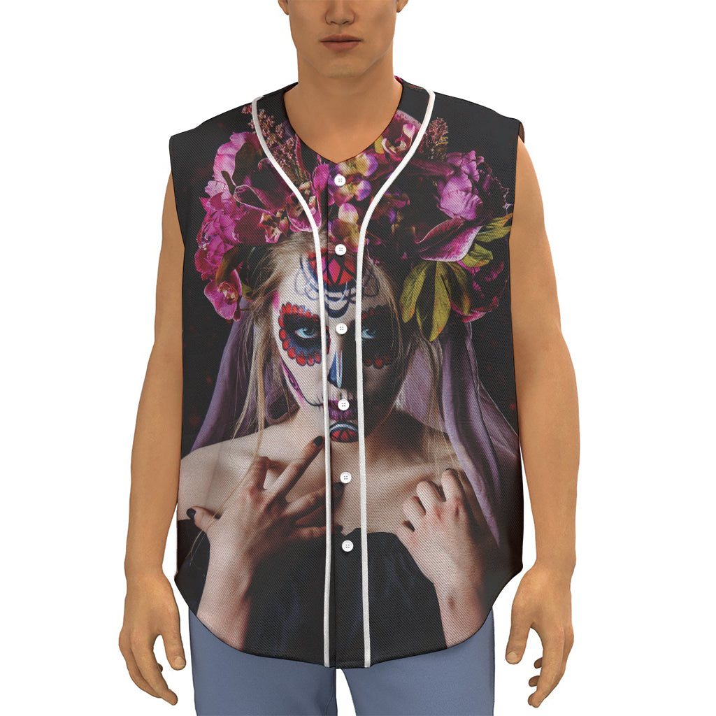 Calavera Girl Day of The Dead Print Sleeveless Baseball Jersey