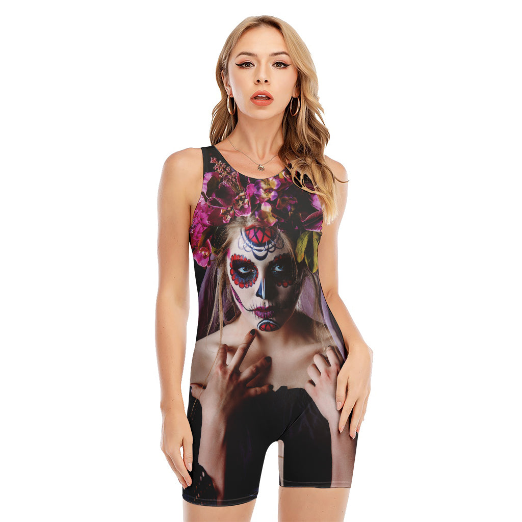 Calavera Girl Day of The Dead Print Sleeveless One Piece Swimsuit