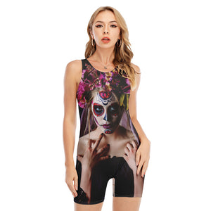 Calavera Girl Day of The Dead Print Sleeveless One Piece Swimsuit