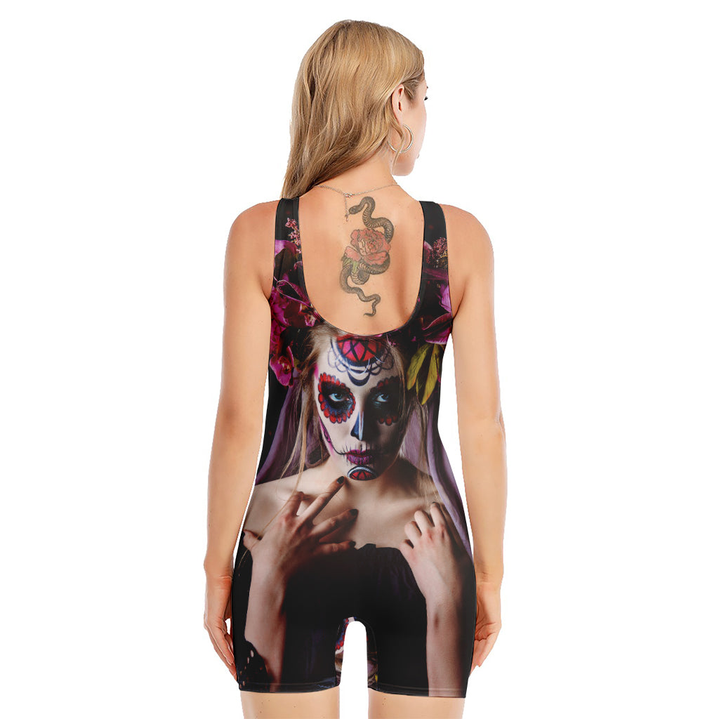 Calavera Girl Day of The Dead Print Sleeveless One Piece Swimsuit