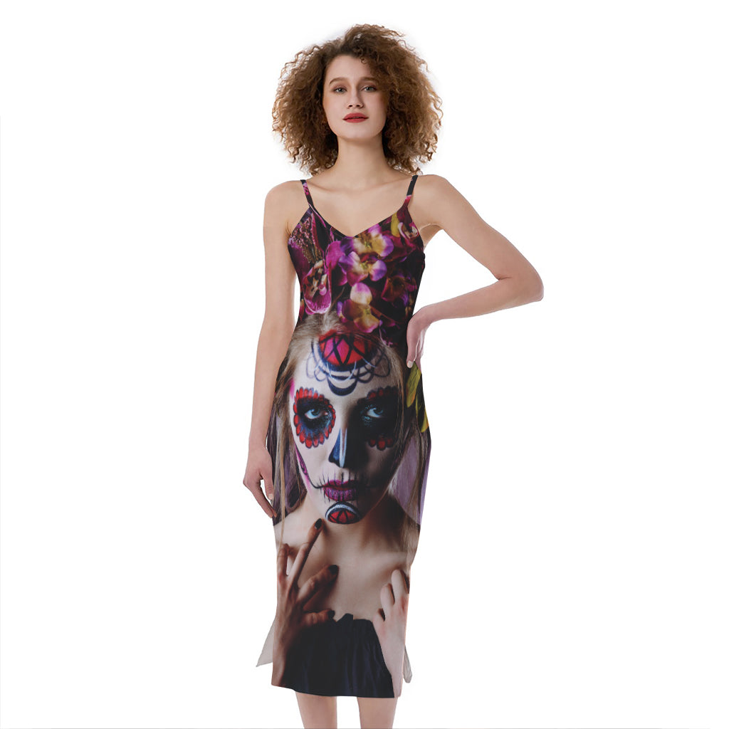 Calavera Girl Day of The Dead Print Slim Fit Midi Cami Dress