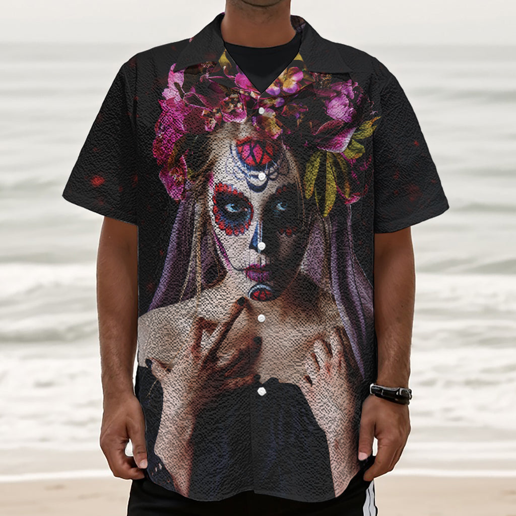 Calavera Girl Day of The Dead Print Textured Short Sleeve Shirt