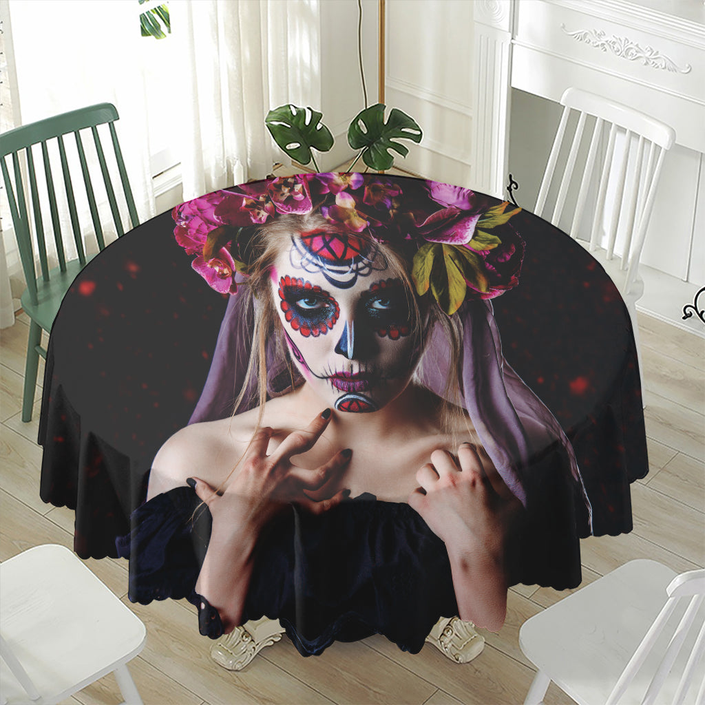 Calavera Girl Day of The Dead Print Waterproof Round Tablecloth