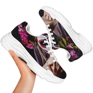 Calavera Girl Day of The Dead Print White Chunky Shoes