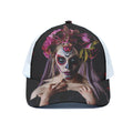 Calavera Girl Day of The Dead Print White Mesh Trucker Hat