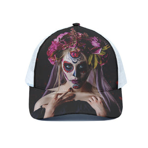 Calavera Girl Day of The Dead Print White Mesh Trucker Cap