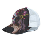 Calavera Girl Day of The Dead Print White Mesh Trucker Cap