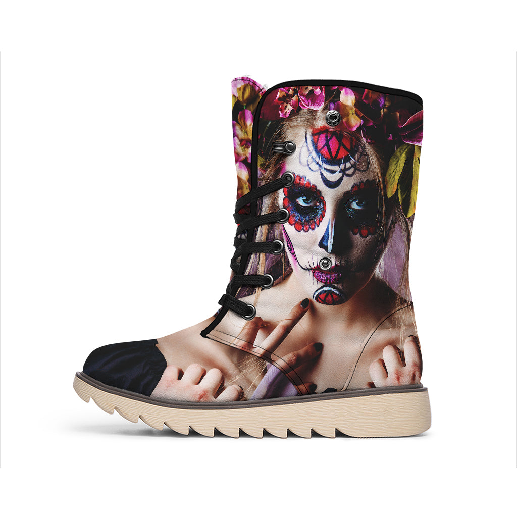 Calavera Girl Day of The Dead Print Winter Boots