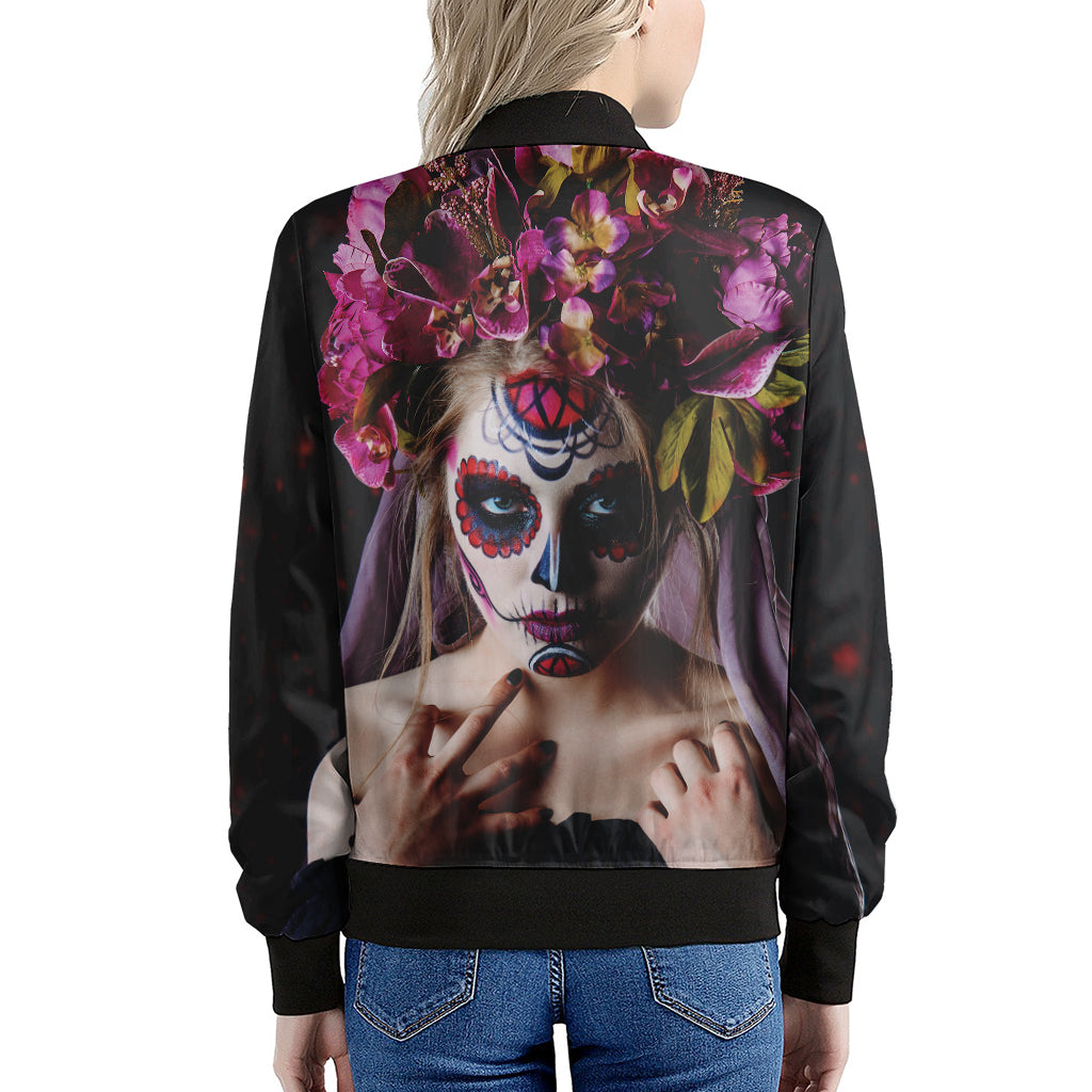 Calavera Girl Day of The Dead Print Women's Bomber Jacket