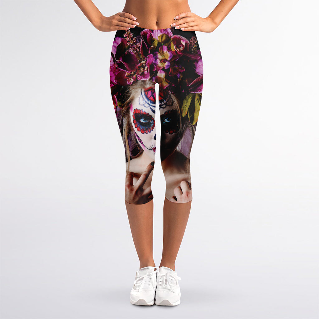 Calavera Girl Day of The Dead Print Women's Capri Leggings