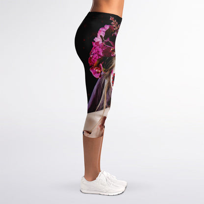 Calavera Girl Day of The Dead Print Women's Capri Leggings
