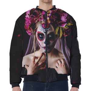 Calavera Girl Day of The Dead Print Zip Sleeve Bomber Jacket