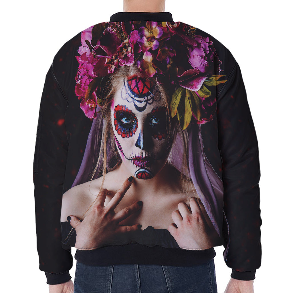 Calavera Girl Day of The Dead Print Zip Sleeve Bomber Jacket