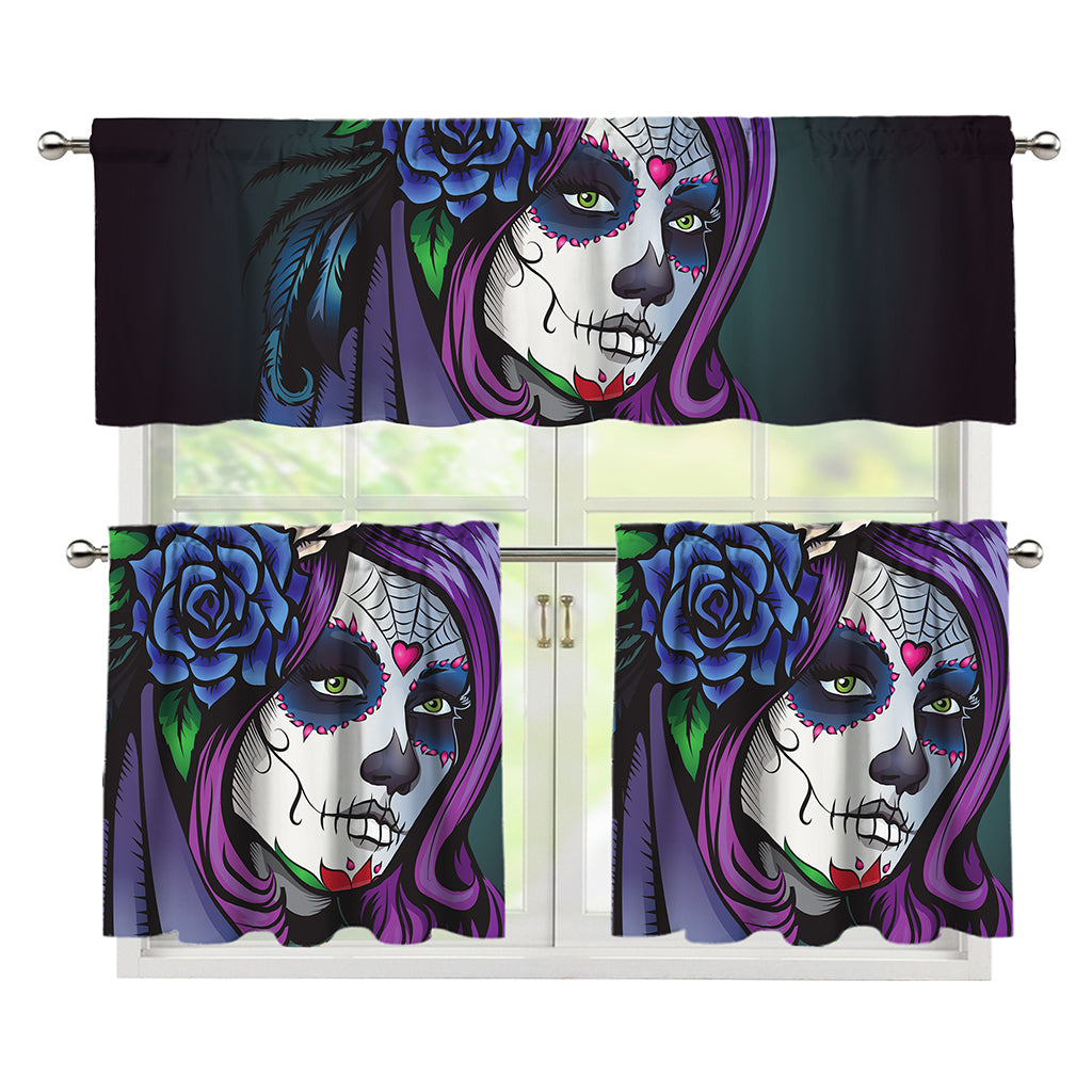 Calavera Girl Dia De Los Muertos Print 3 Piece Kitchen Curtains