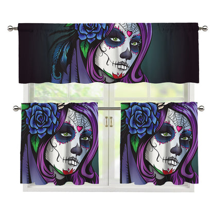 Calavera Girl Dia De Los Muertos Print 3 Piece Kitchen Curtains