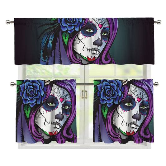 Calavera Girl Dia De Los Muertos Print 3 Piece Kitchen Curtains