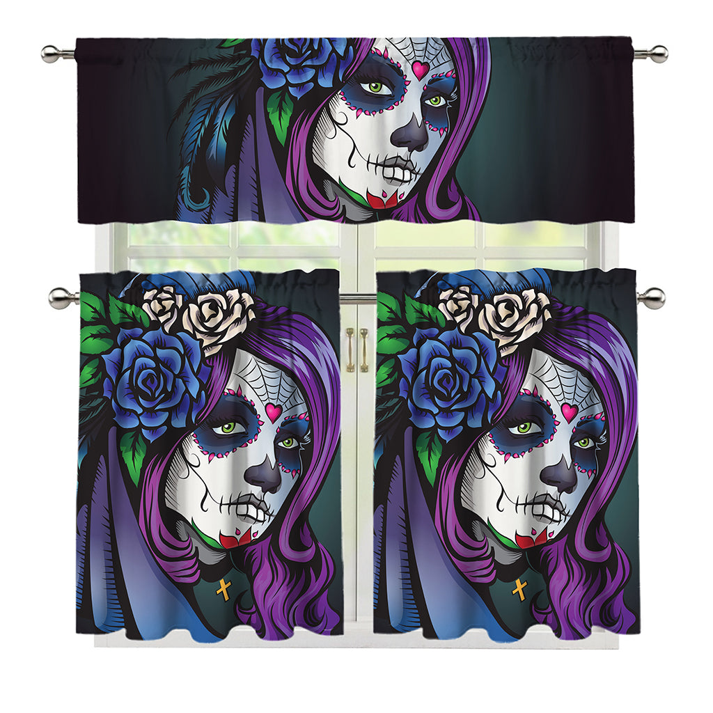 Calavera Girl Dia De Los Muertos Print 3 Piece Kitchen Curtains