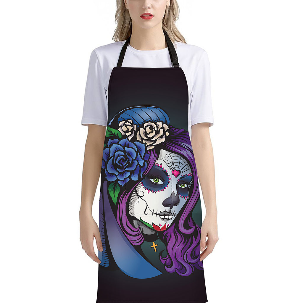 Calavera Girl Dia De Los Muertos Print Bib Apron With Pocket