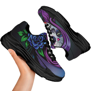 Calavera Girl Dia De Los Muertos Print Black Chunky Shoes