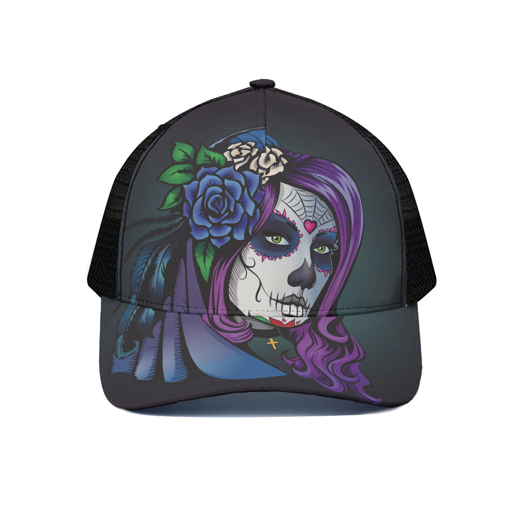 Calavera Girl Dia De Los Muertos Print Black Mesh Trucker Cap