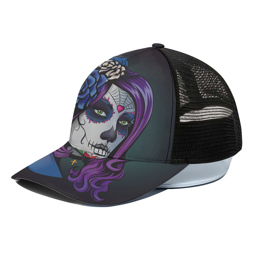 Calavera Girl Dia De Los Muertos Print Black Mesh Trucker Cap