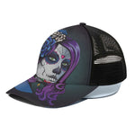 Calavera Girl Dia De Los Muertos Print Black Mesh Trucker Cap