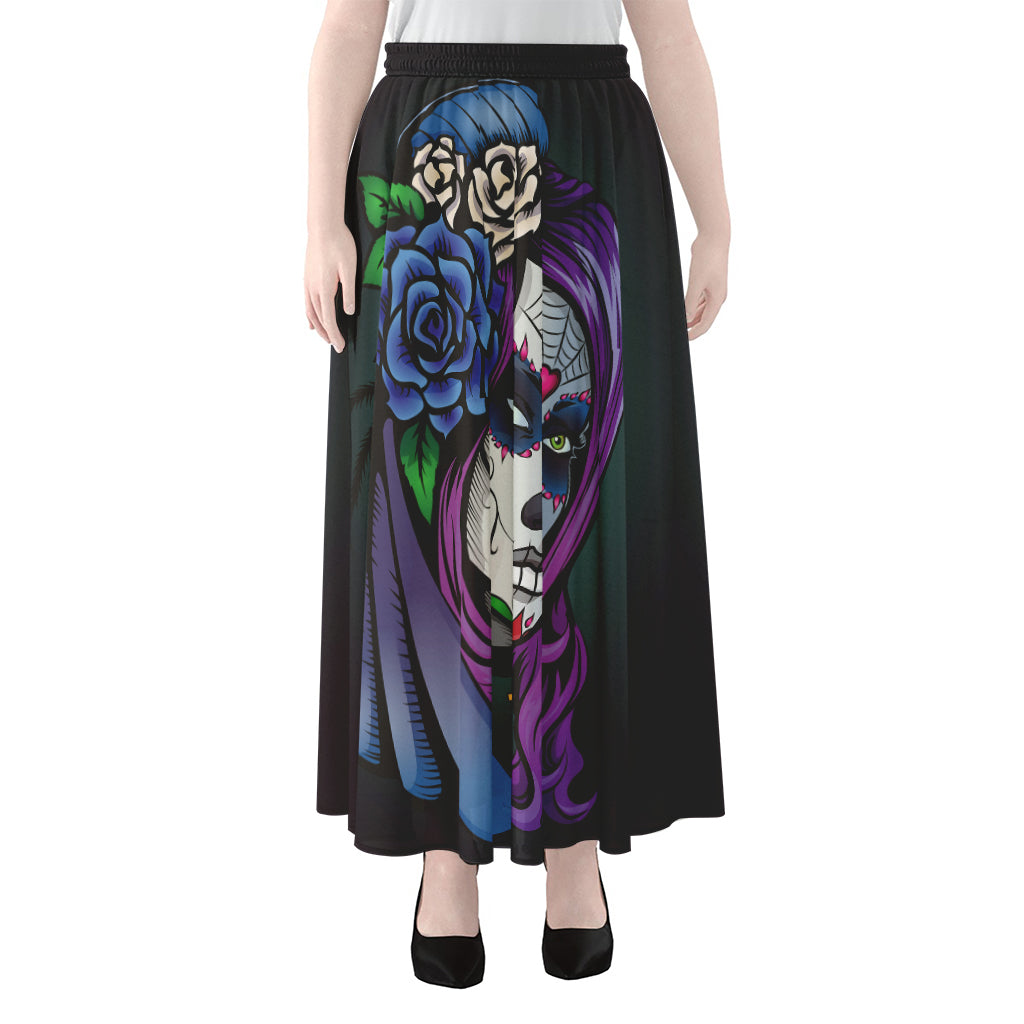 Calavera Girl Dia De Los Muertos Print Chiffon Maxi Skirt