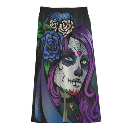 Calavera Girl Dia De Los Muertos Print Cotton Front Slit Maxi Skirt