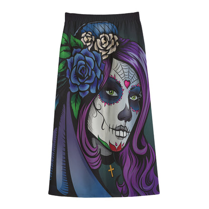 Calavera Girl Dia De Los Muertos Print Cotton Front Slit Maxi Skirt