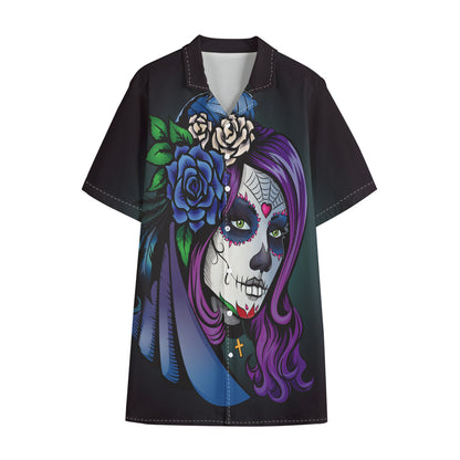 Calavera Girl Dia De Los Muertos Print Cotton Hawaiian Shirt