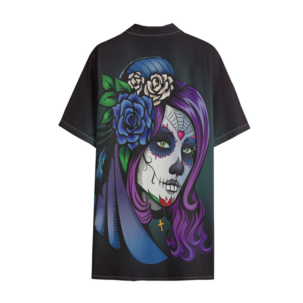 Calavera Girl Dia De Los Muertos Print Cotton Hawaiian Shirt