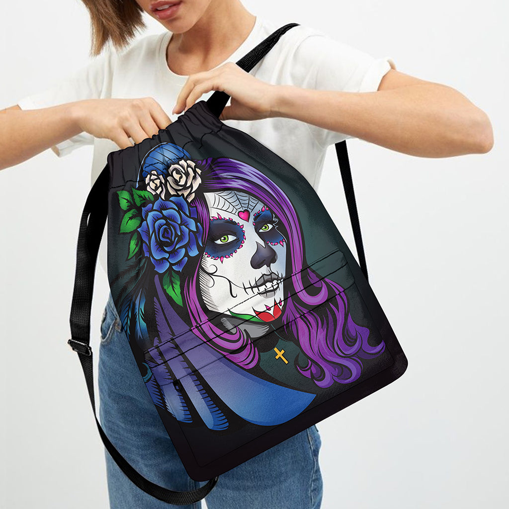 Calavera Girl Dia De Los Muertos Print Drawstring Backpack