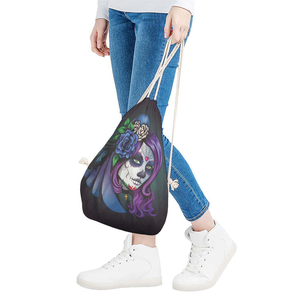 Calavera Girl Dia De Los Muertos Print Drawstring Bag