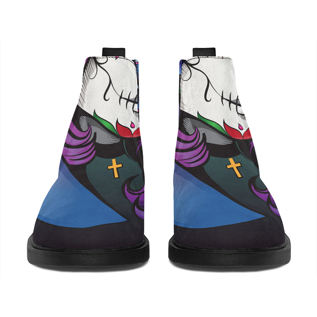 Calavera Girl Dia De Los Muertos Print Flat Ankle Boots