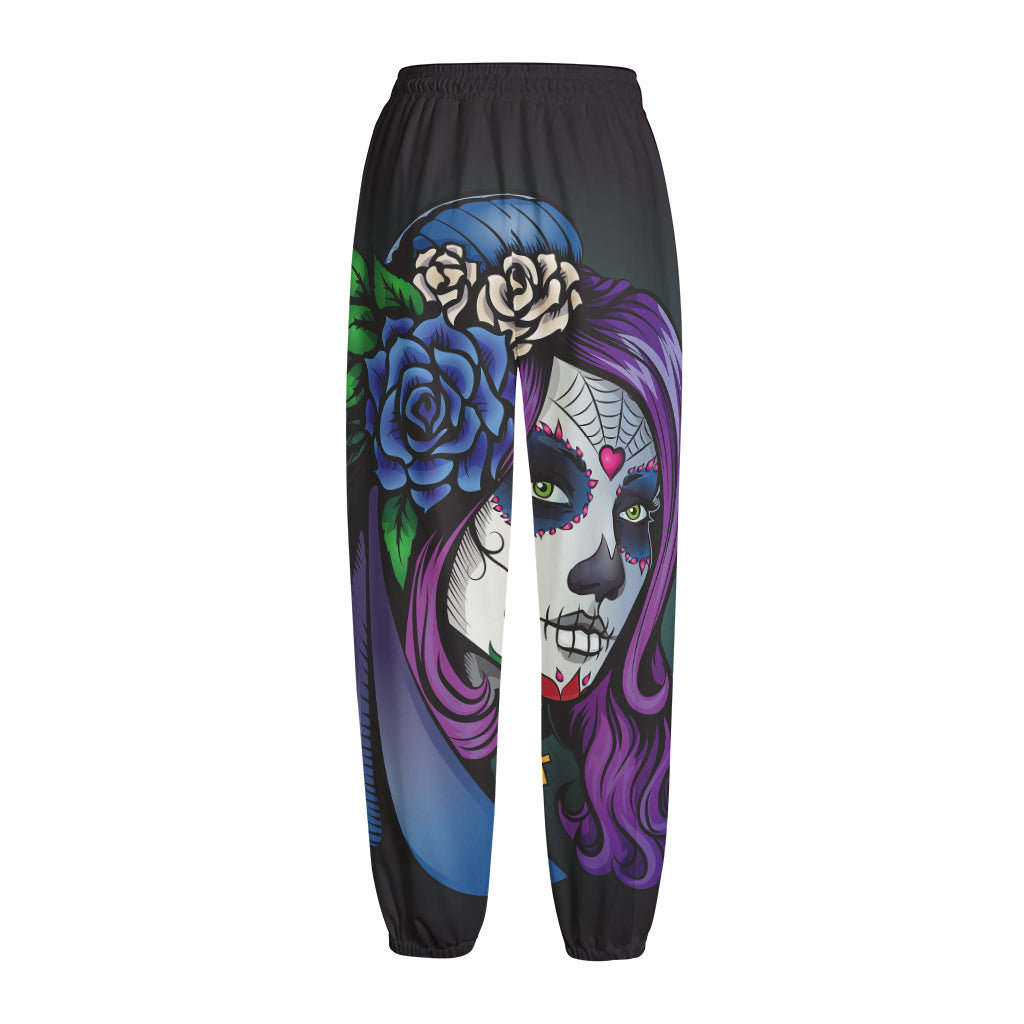 Calavera Girl Dia De Los Muertos Print Fleece Lined Knit Pants