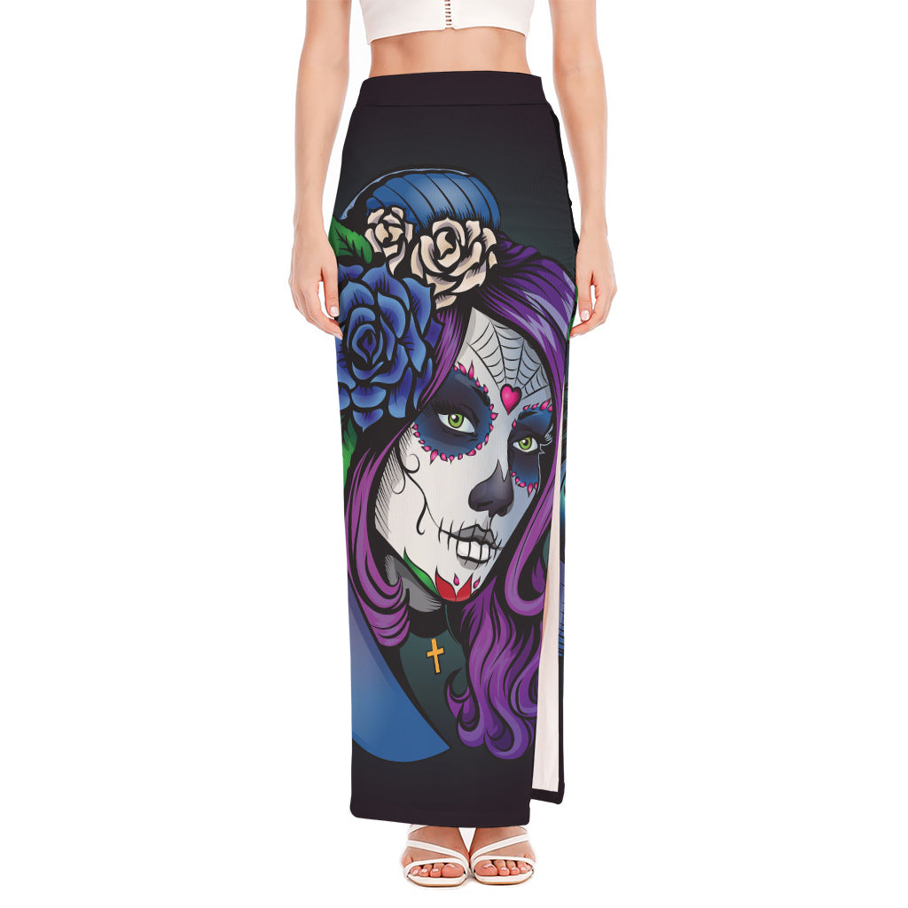 Calavera Girl Dia De Los Muertos Print High Slit Maxi Skirt
