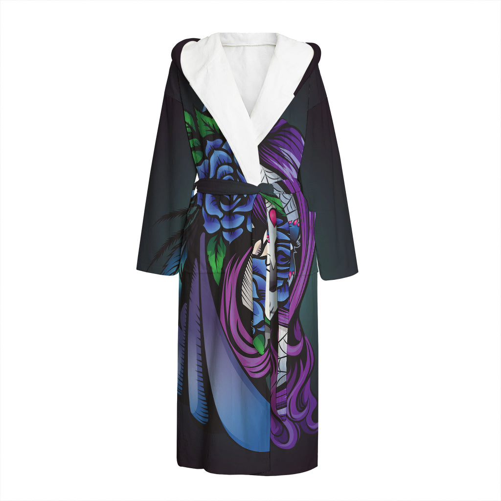 Calavera Girl Dia De Los Muertos Print Hooded Bathrobe