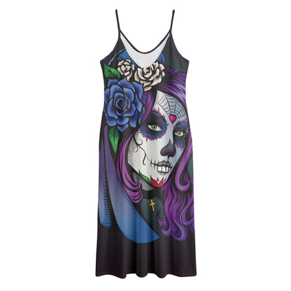 Calavera Girl Dia De Los Muertos Print Jersey Midi Cami Dress