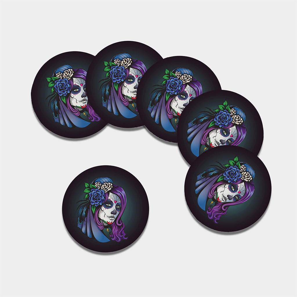 Calavera Girl Dia De Los Muertos Print Leather Coaster Set