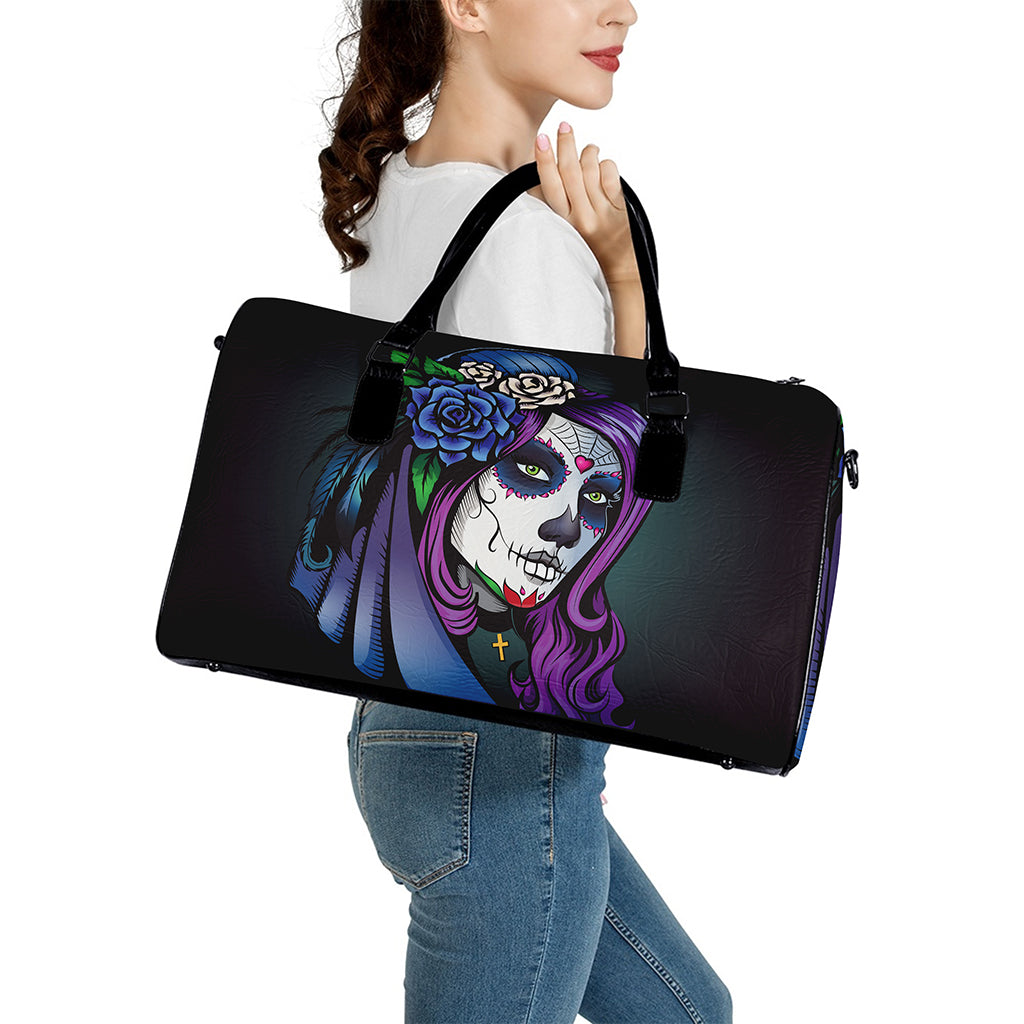 Calavera Girl Dia De Los Muertos Print Leather Duffle Bag