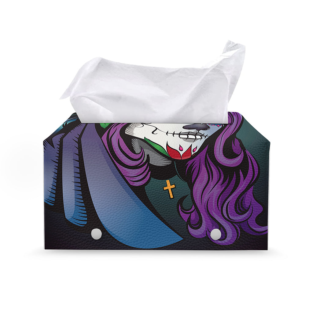 Calavera Girl Dia De Los Muertos Print Leather Tissue Box Cover