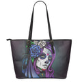 Calavera Girl Dia De Los Muertos Print Leather Tote Bag With Zipper