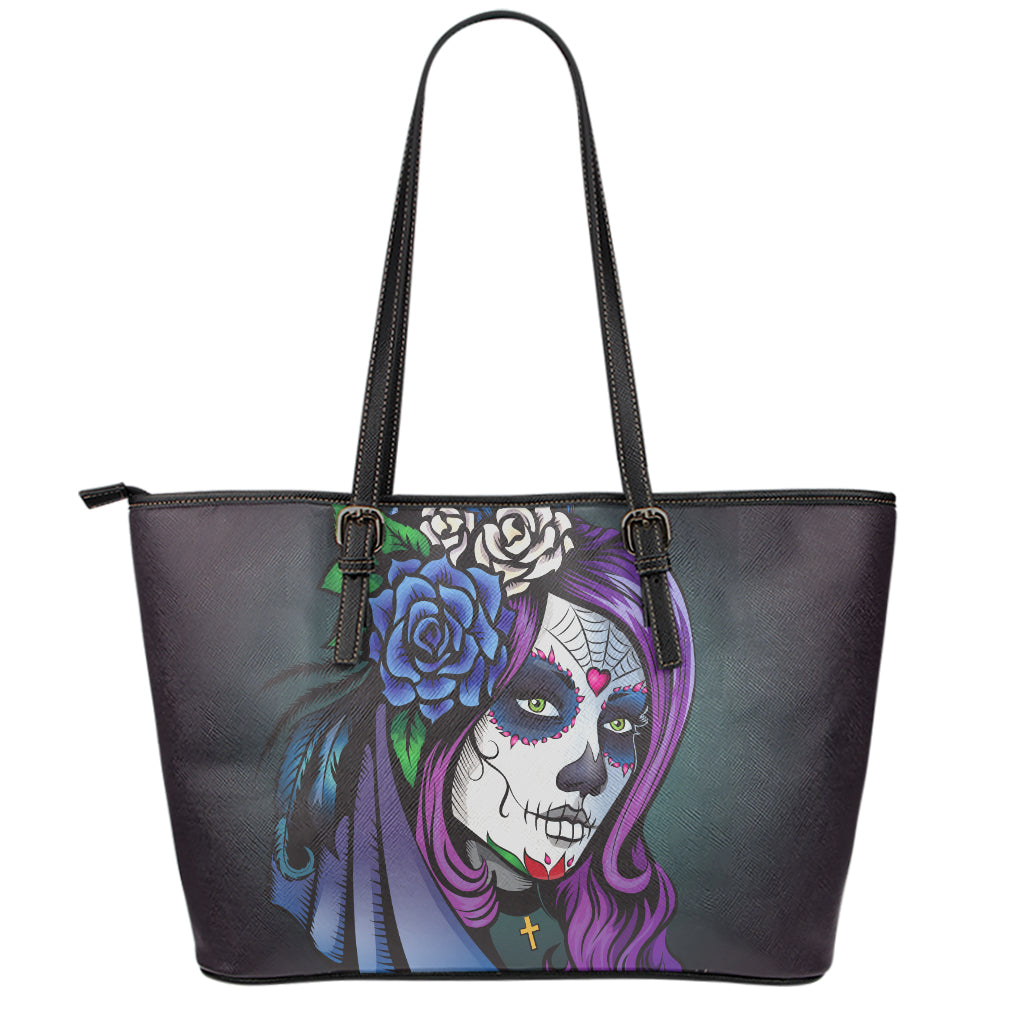 Calavera Girl Dia De Los Muertos Print Leather Tote Bag
