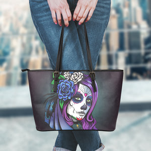 Calavera Girl Dia De Los Muertos Print Leather Tote Bag