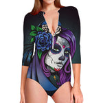 Calavera Girl Dia De Los Muertos Print Long Sleeve Swimsuit