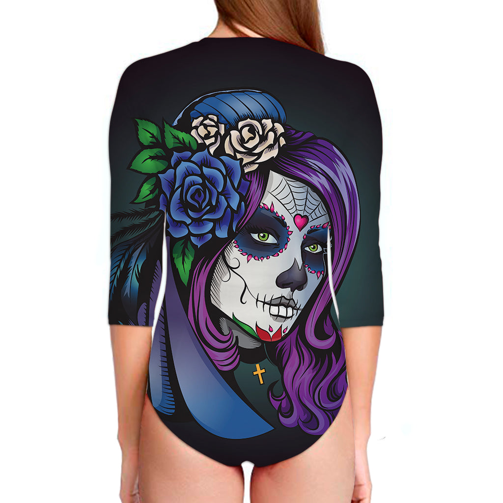 Calavera Girl Dia De Los Muertos Print Long Sleeve Swimsuit